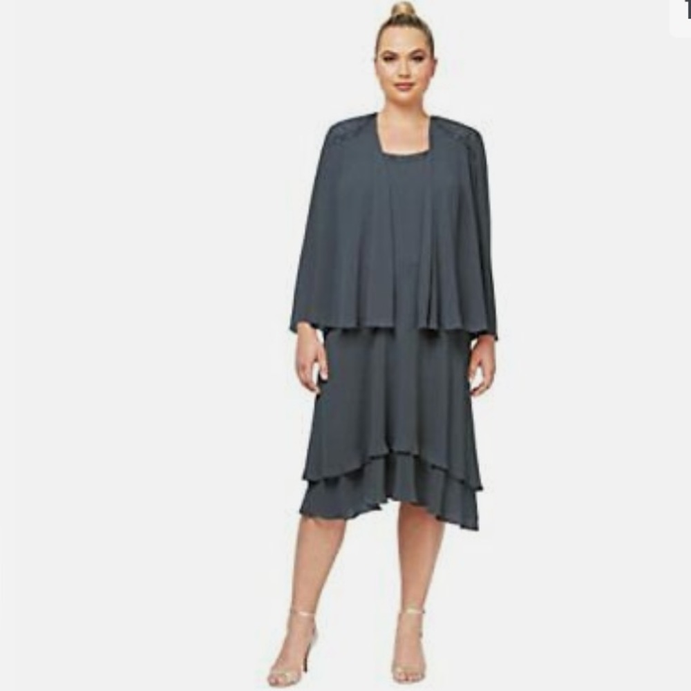 SLNY Embellished Chiffon Tiered Jacket Dress, Steel Colour, Size 10 Petite, NWT